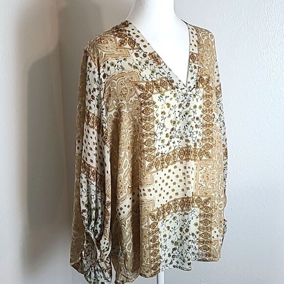 Entro Gold & Beige Floral Patchwork Blouse, Long Lantern Sleeves, Size XL - Picture 2 of 9